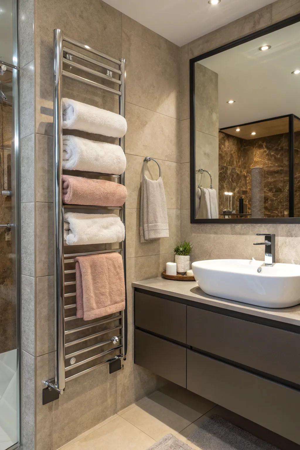 A towel warmer offers both luxury and practicality.