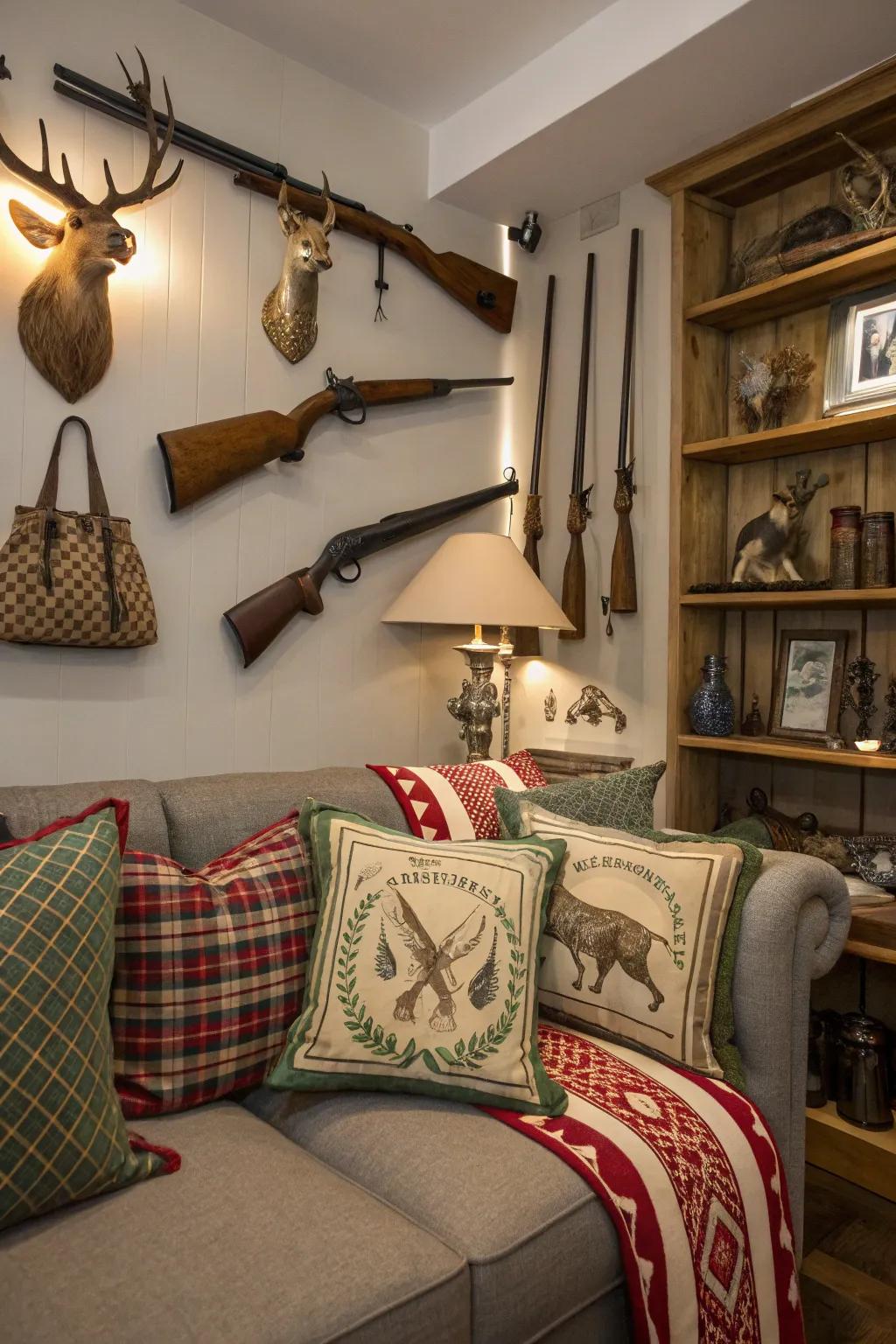 Decorative accessories like pillows and vintage gear complete the theme.