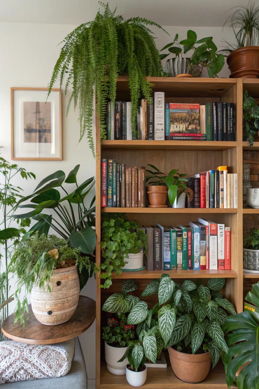 Transform your bookshelf into a lush green retreat.