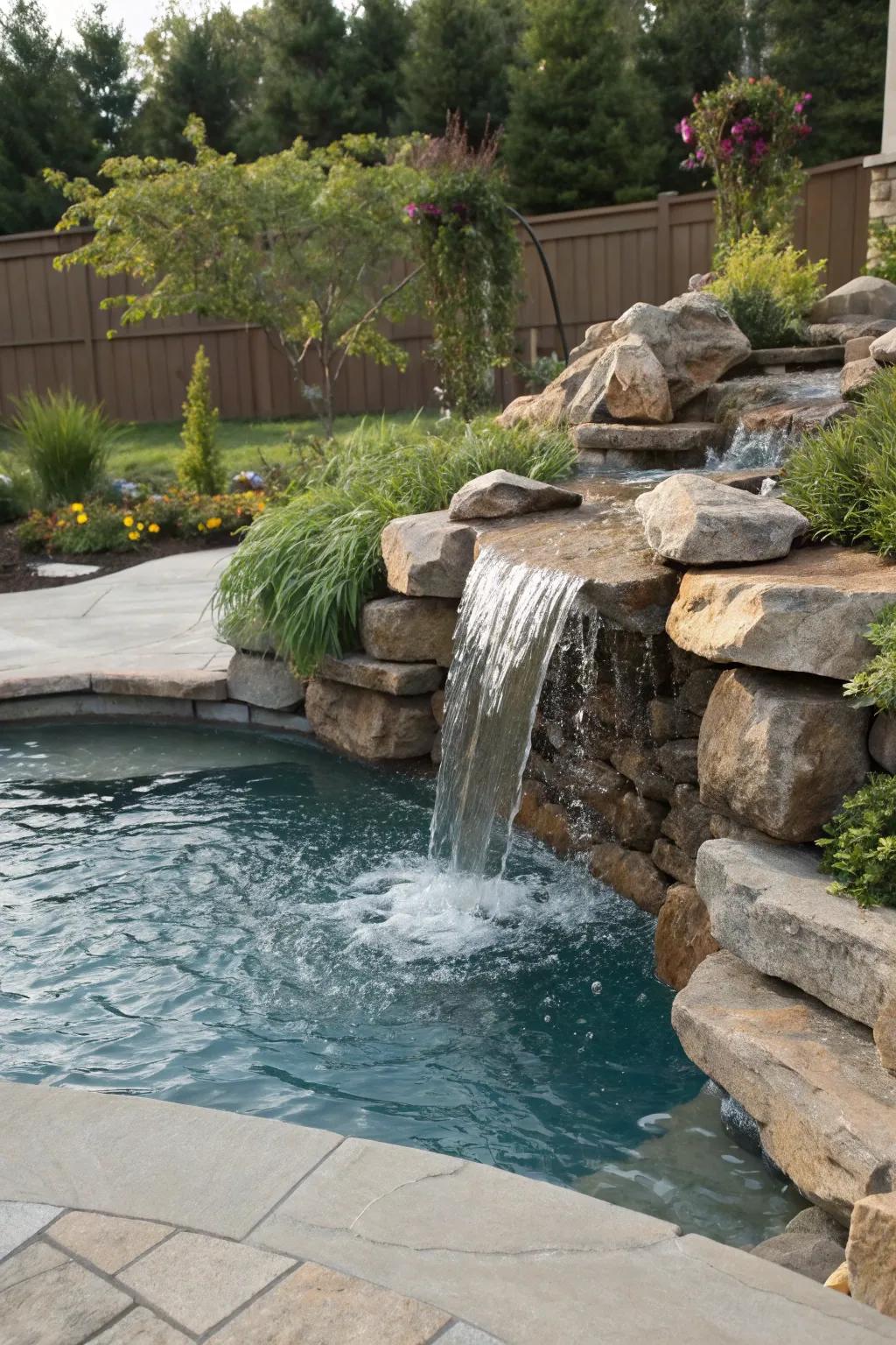 A simple waterfall adds beauty and tranquility.