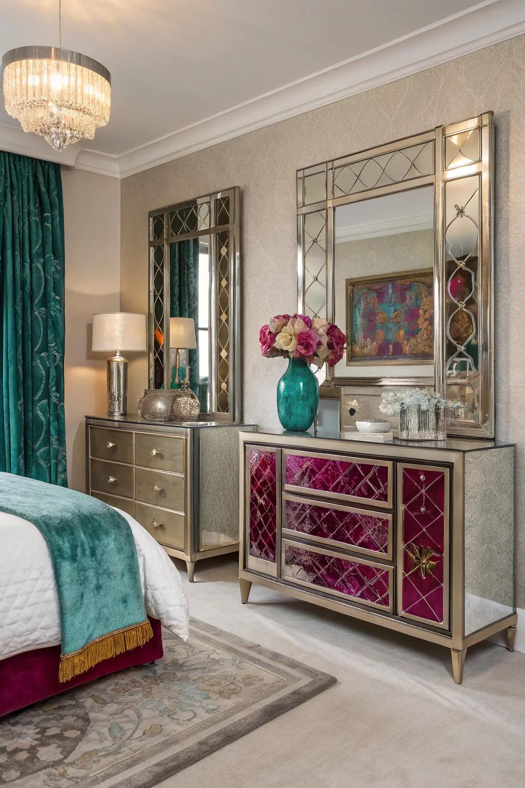 Mirrored furniture amplifies jewel tones and creates an illusion of space.