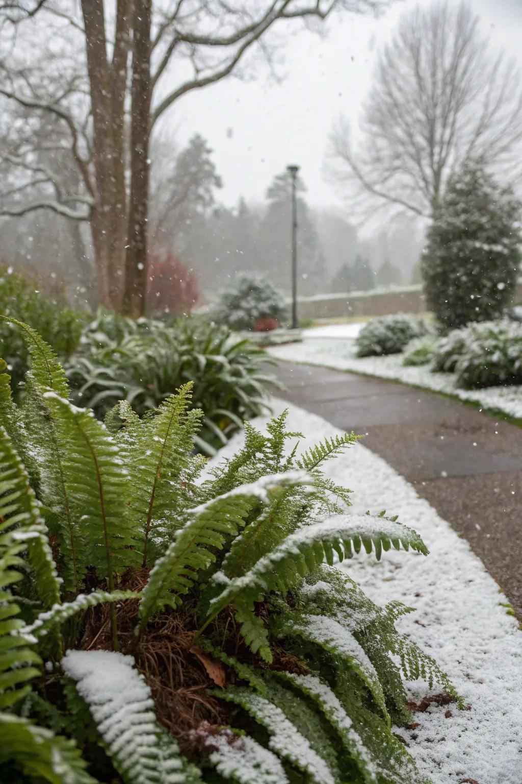 Evergreen Yuletide Ferns bestowing winter verdure.