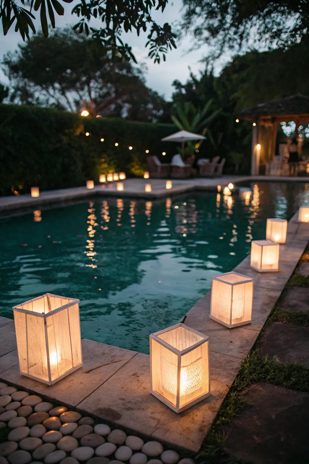 Floating lanterns creating a magical poolside ambiance.