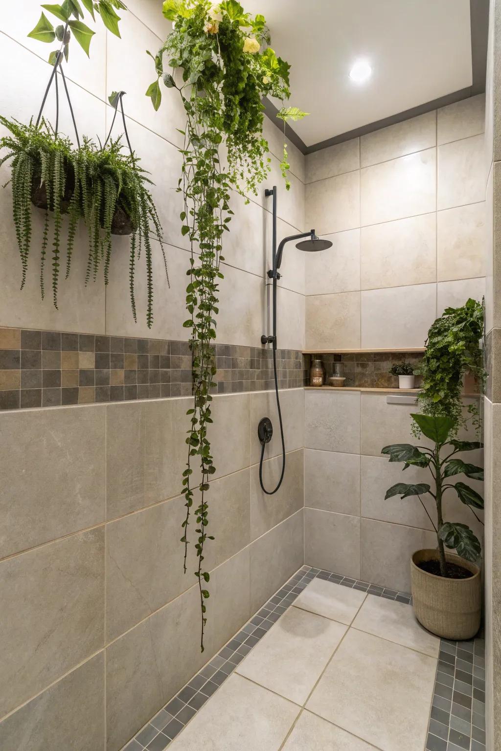 Plants add a natural freshness to large panel showers.