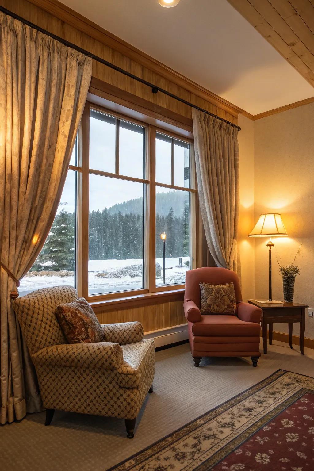Temperature-regulating curtains provide comfort and efficiency.