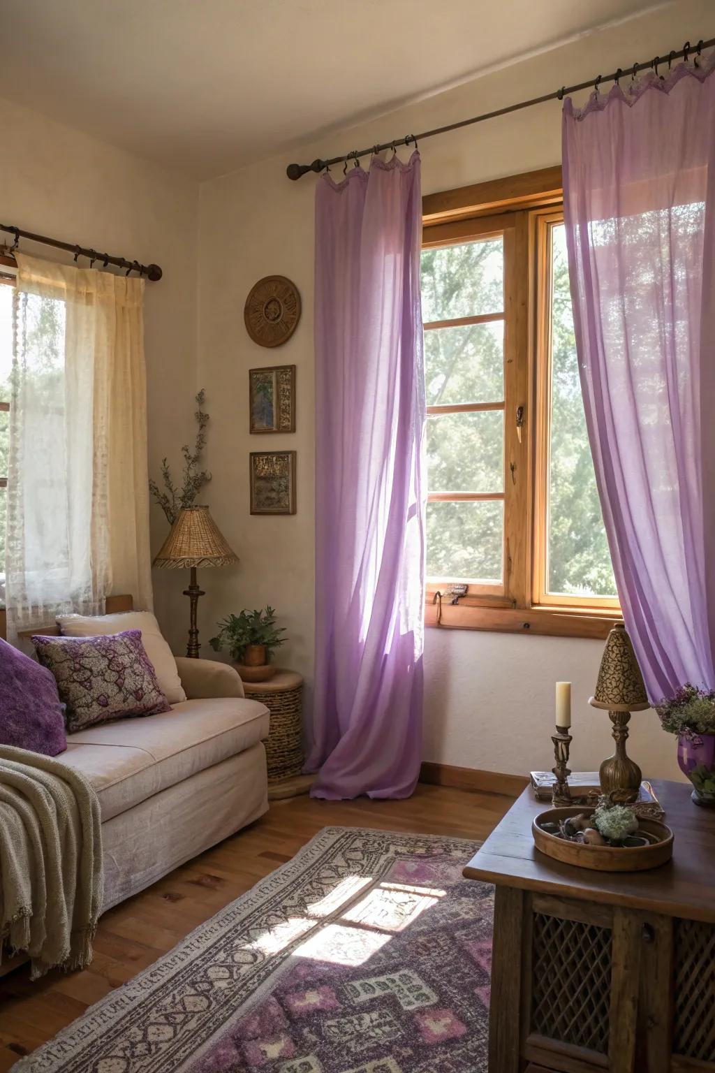 A room revitalized by lavender curtains and the inviting glow of natural light.