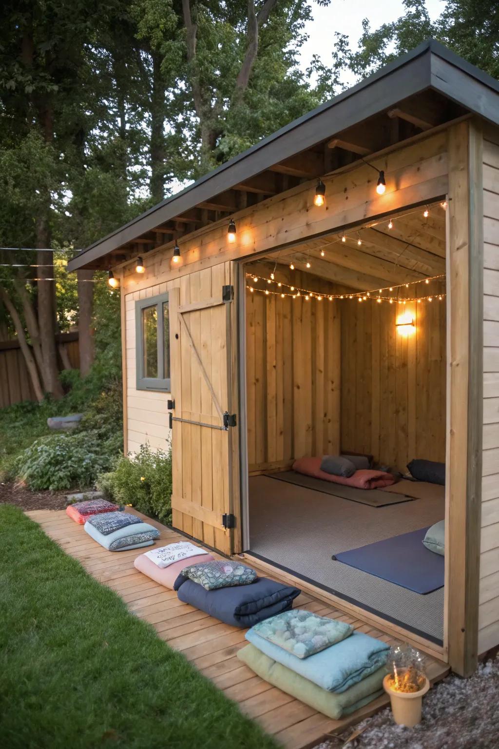 A serene yoga practice and meditation sanctuary inside an outbuilding.