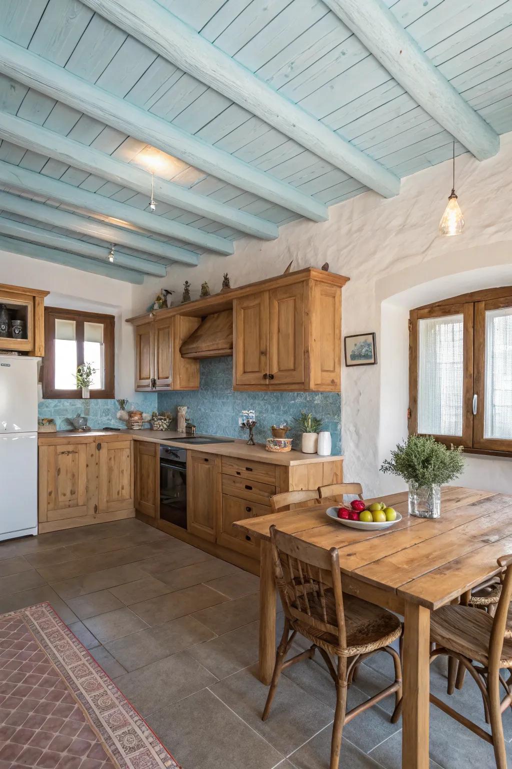 A charming kitchen with a sky-blue ceiling for a unique touch.