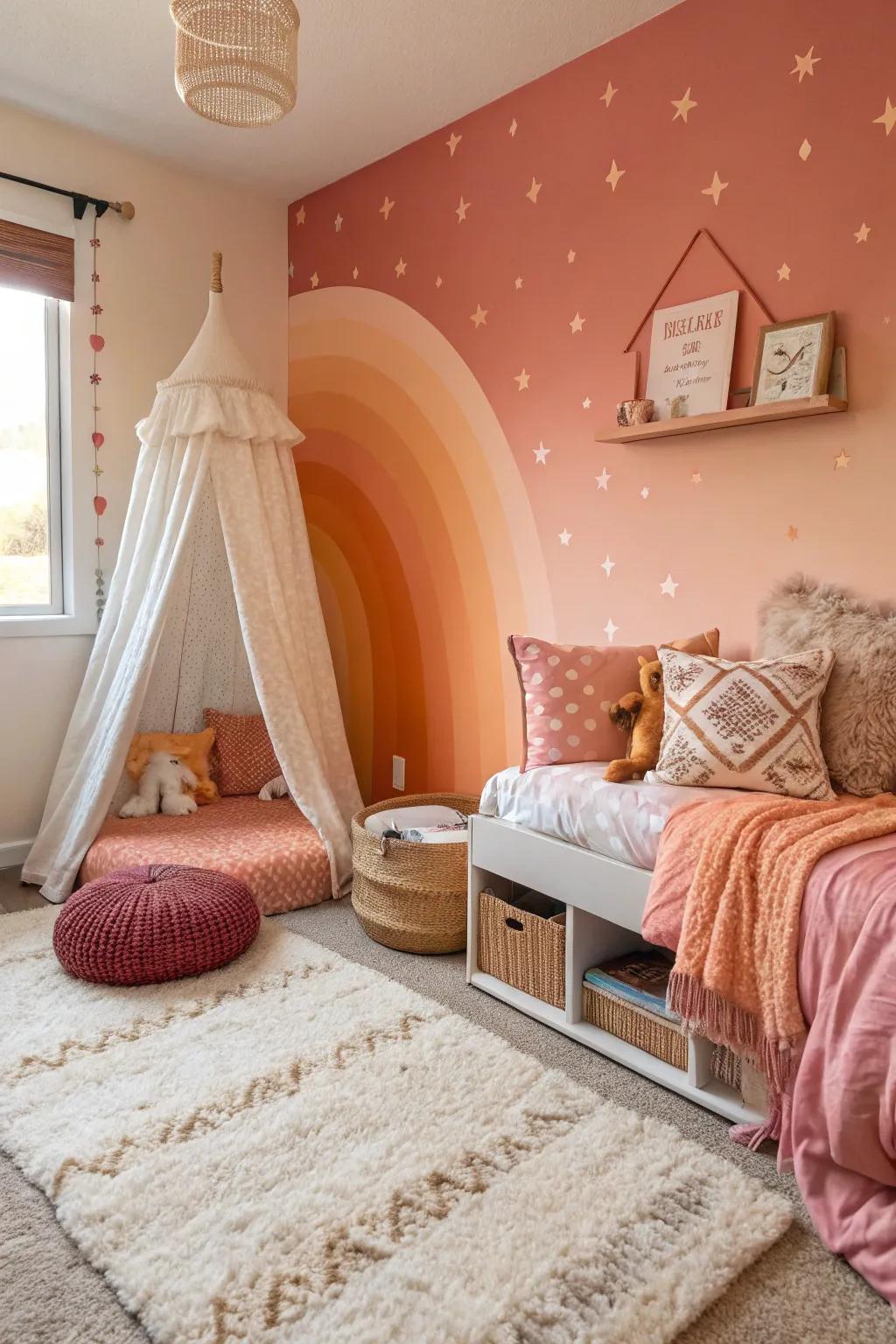 A sunset fade wall adds warmth and dynamic movement.
