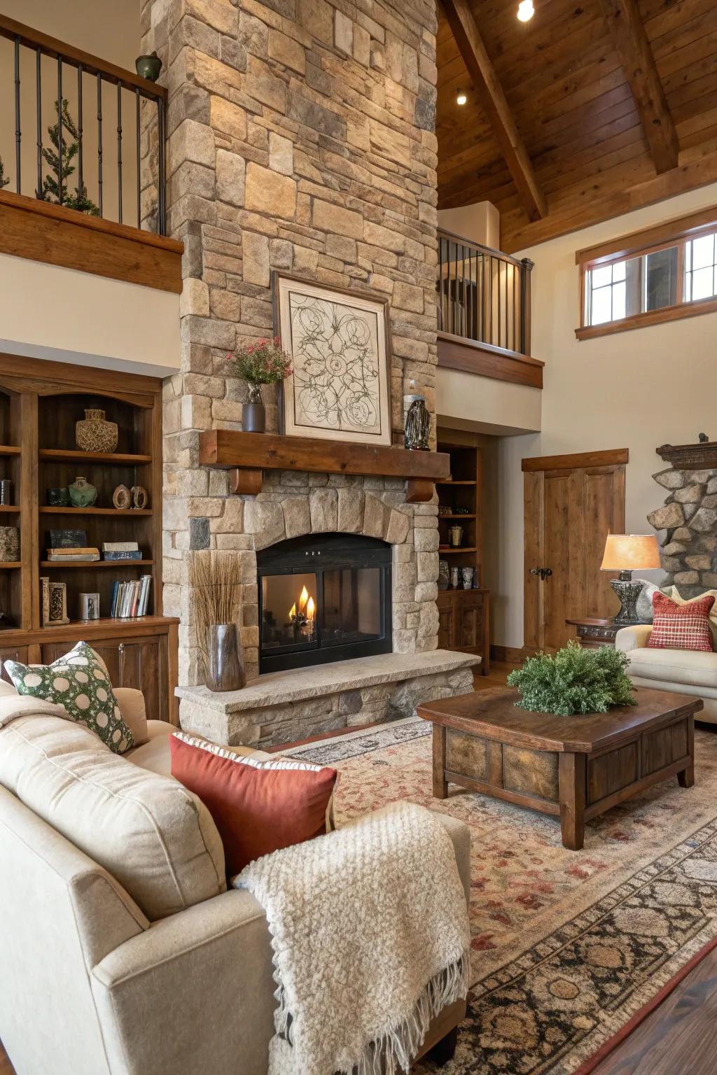 A living room enhanced by textured layering around the fireplace.