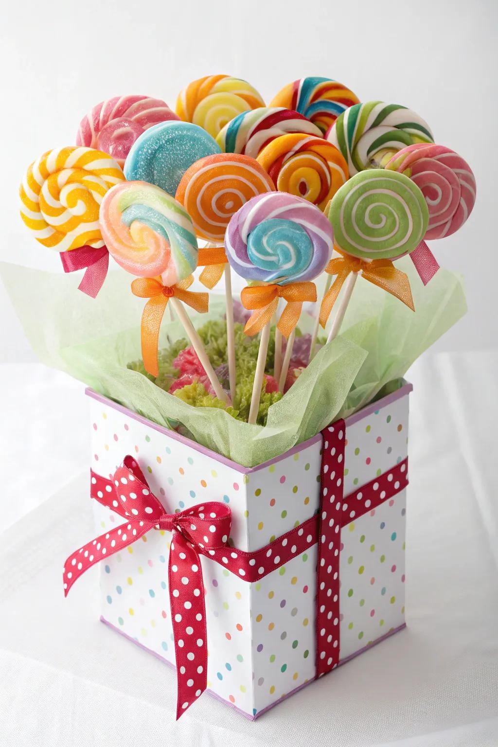 A surprising lollipop bouquet in a gift box