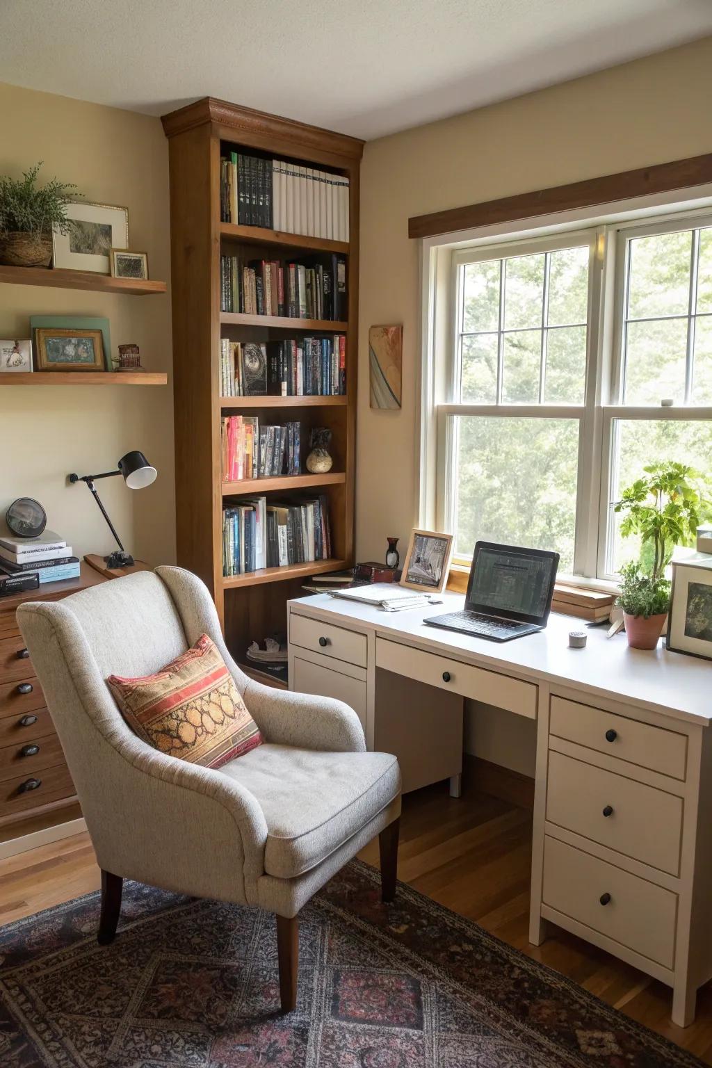 A luxurious home office featuring a cozy reading nook.