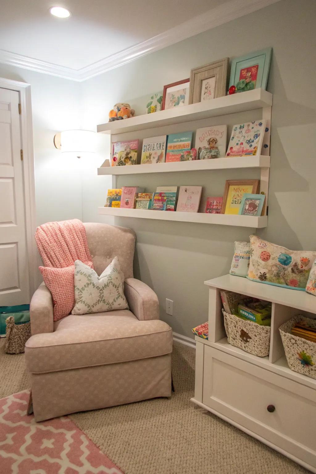 A baby room with custom shelves that add charm and are useful.