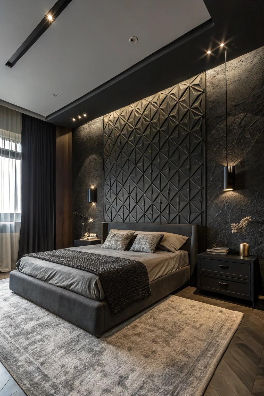 A textured accent wall adds drama and focus to this luxurious black bedroom.