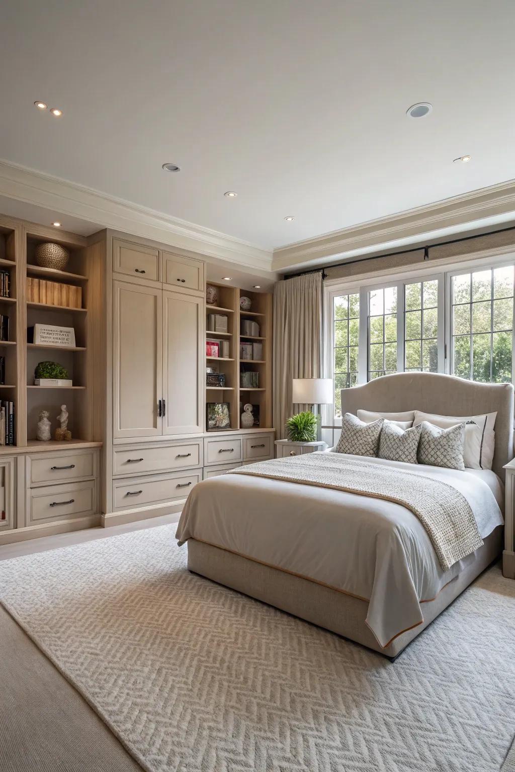 Built-in storage maintains the master bedroom clutter-free and organized.