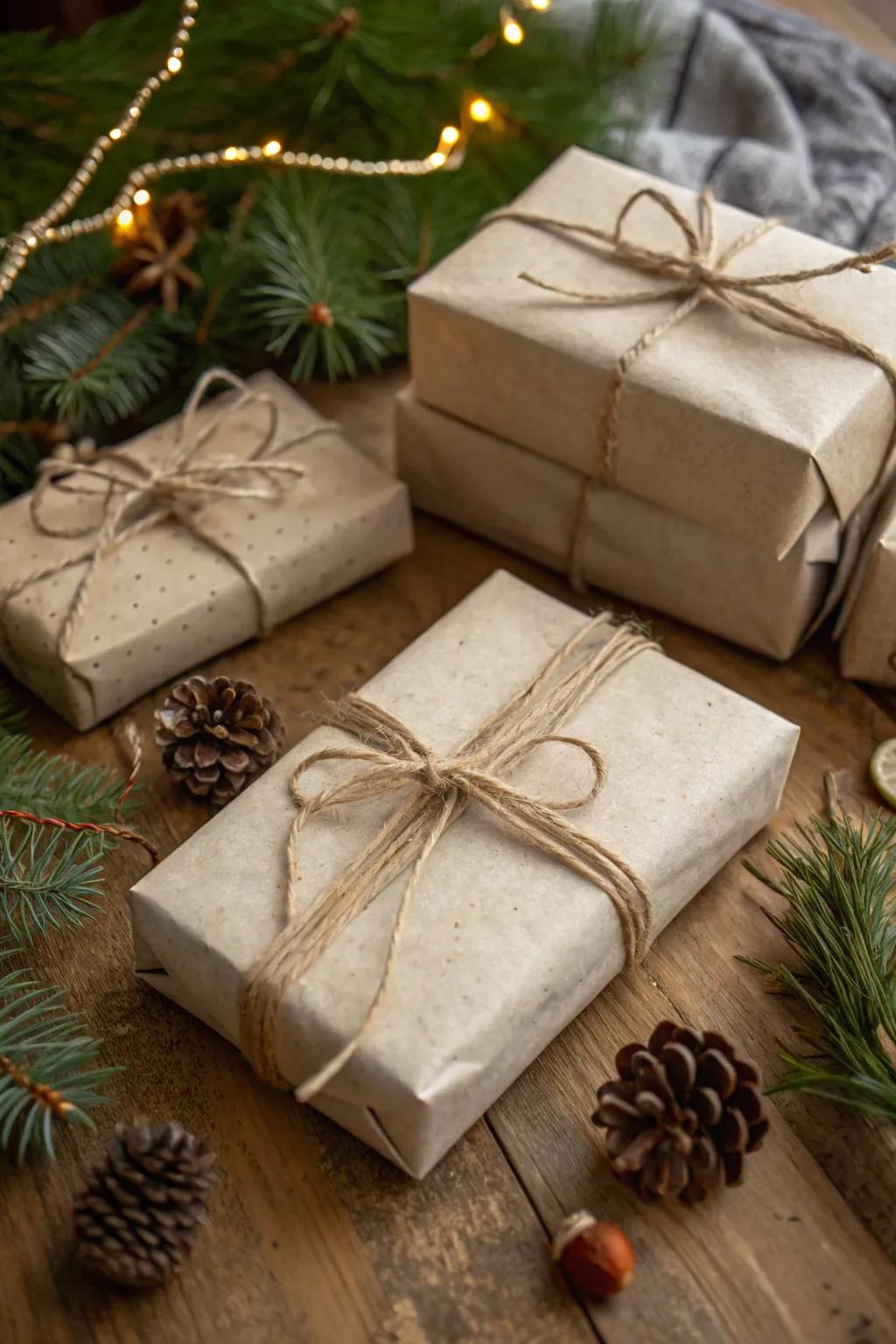 Presents enveloped in recycled paper and cotton twine for a sustainable and minimalist presentation.