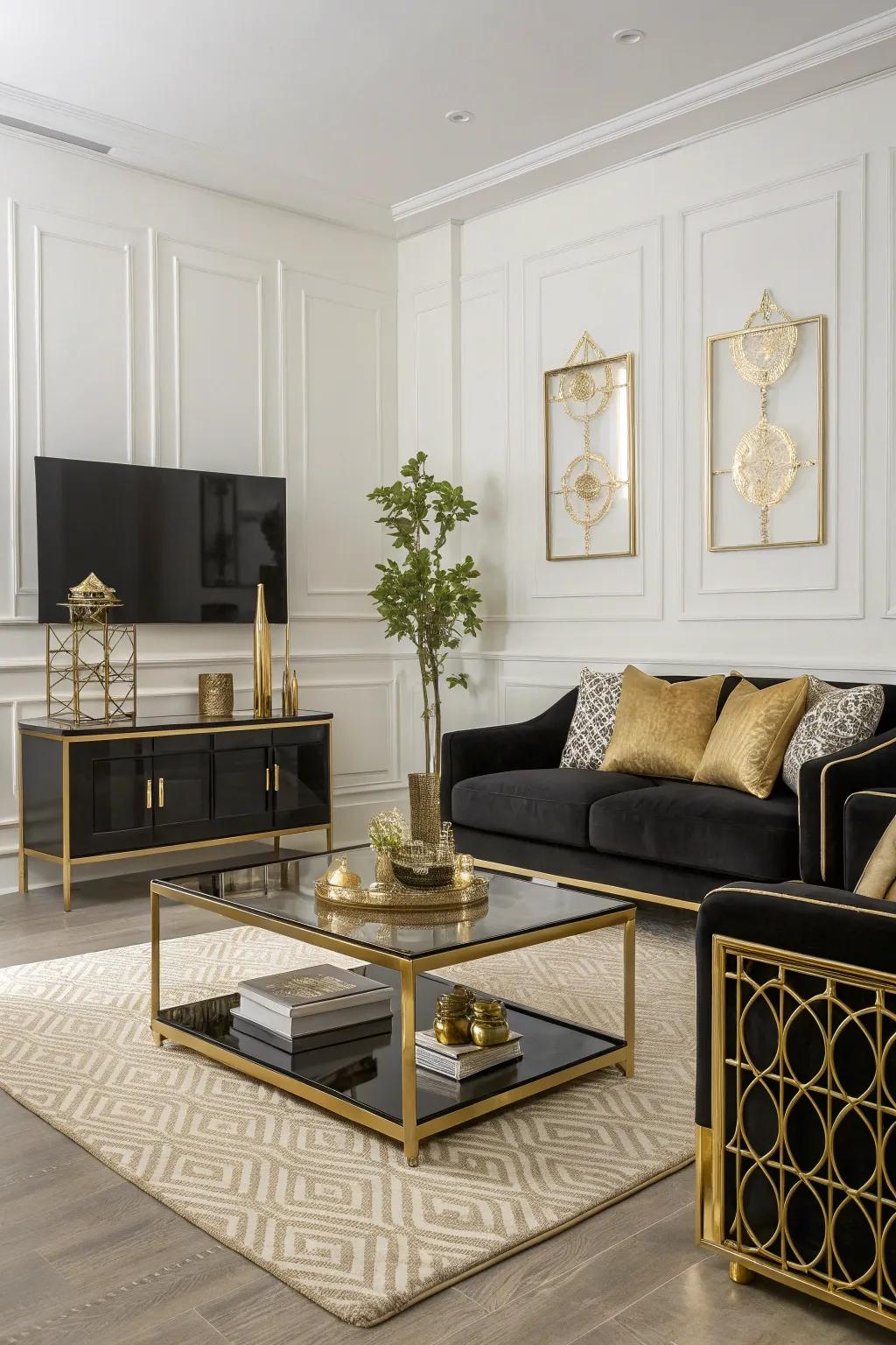 Gold-trimmed furniture elevating the room's sophistication.