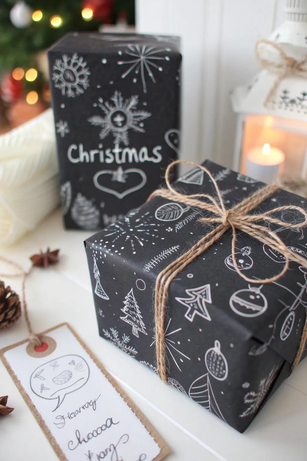 A chic chalkboard-themed gift with artistic and personal touches for a unique holiday wrap.