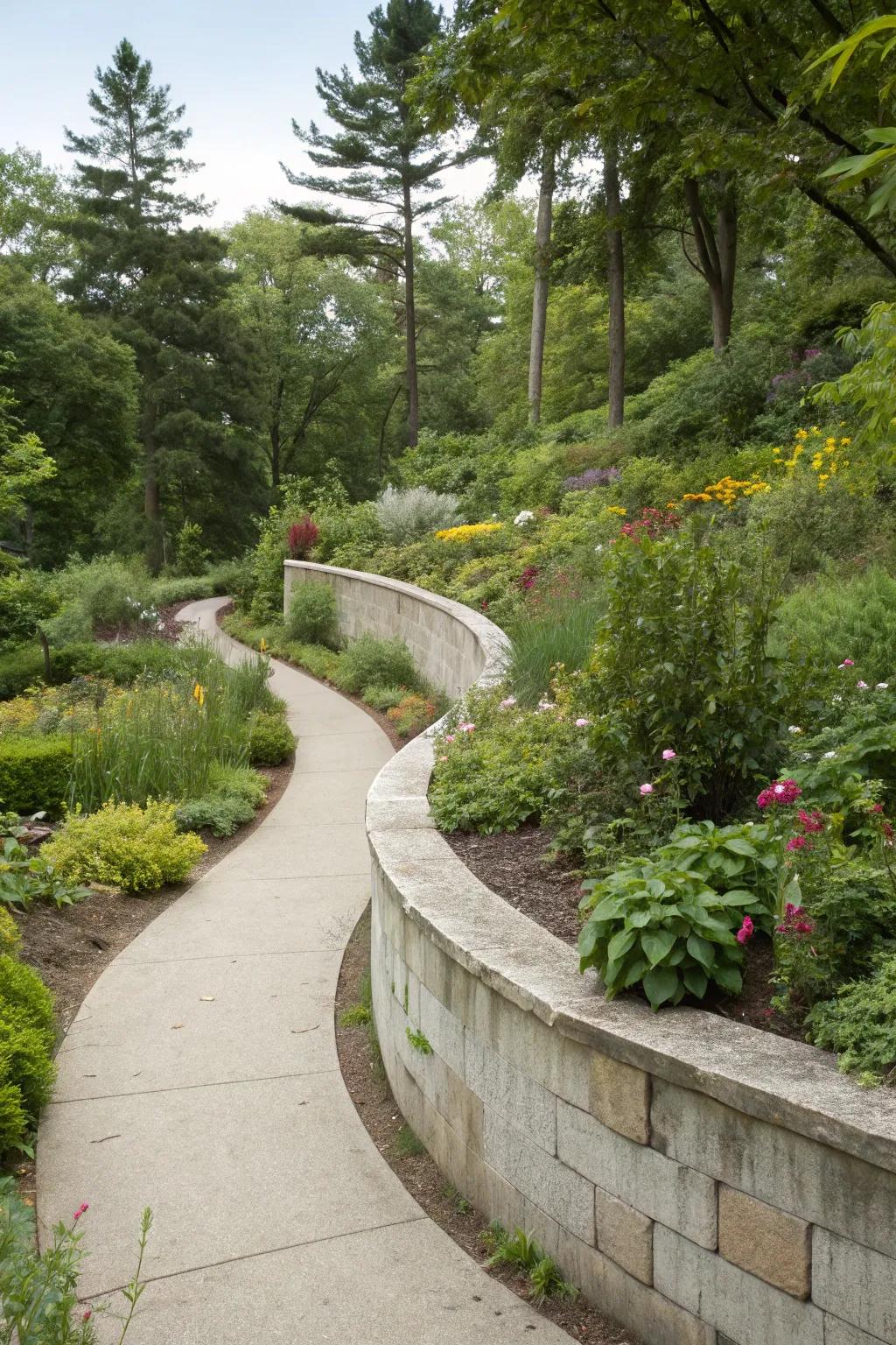 Curved concrete wall for a soft and welcoming garden design.