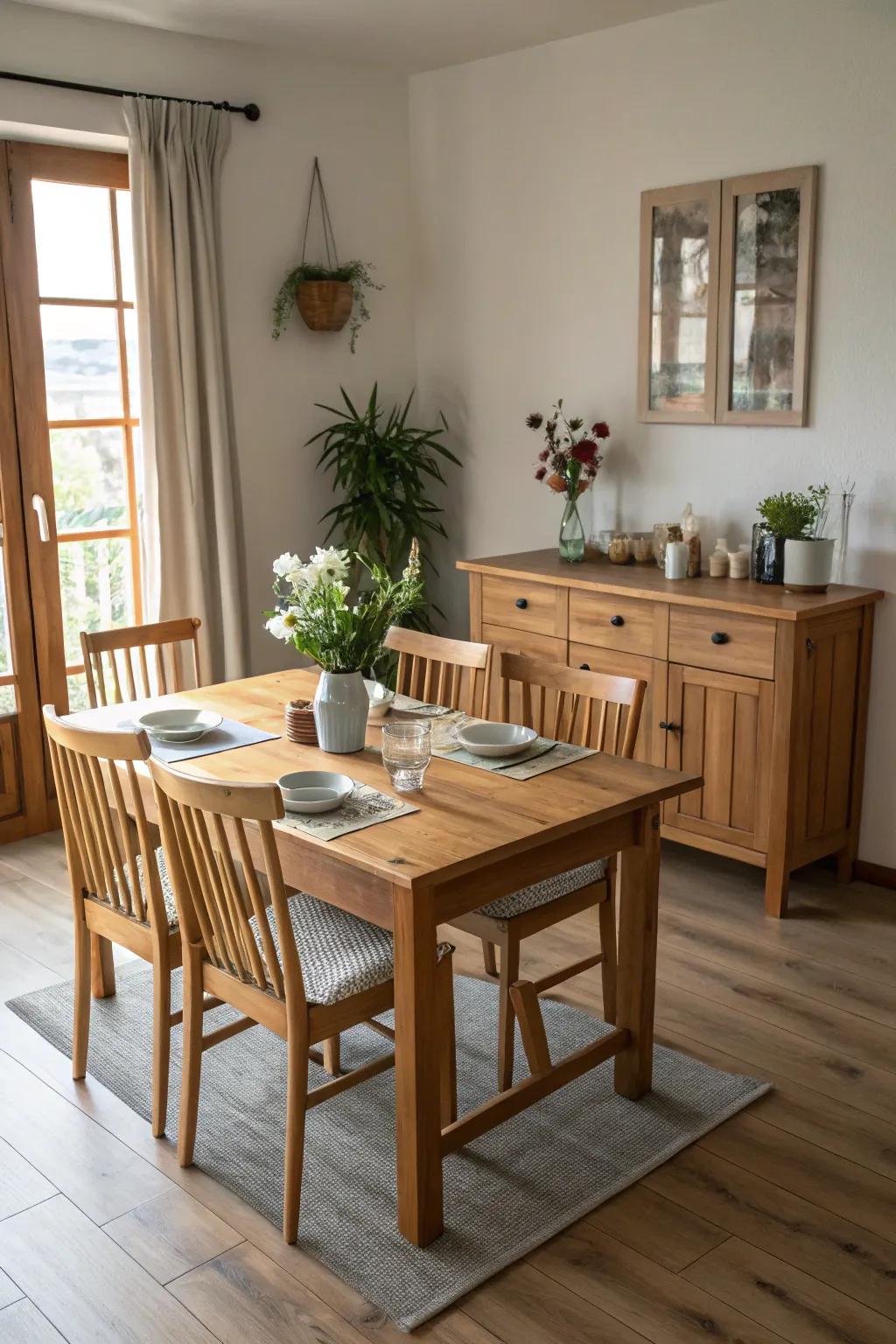 Functional simplicity ensures a clean and elegant dining space.