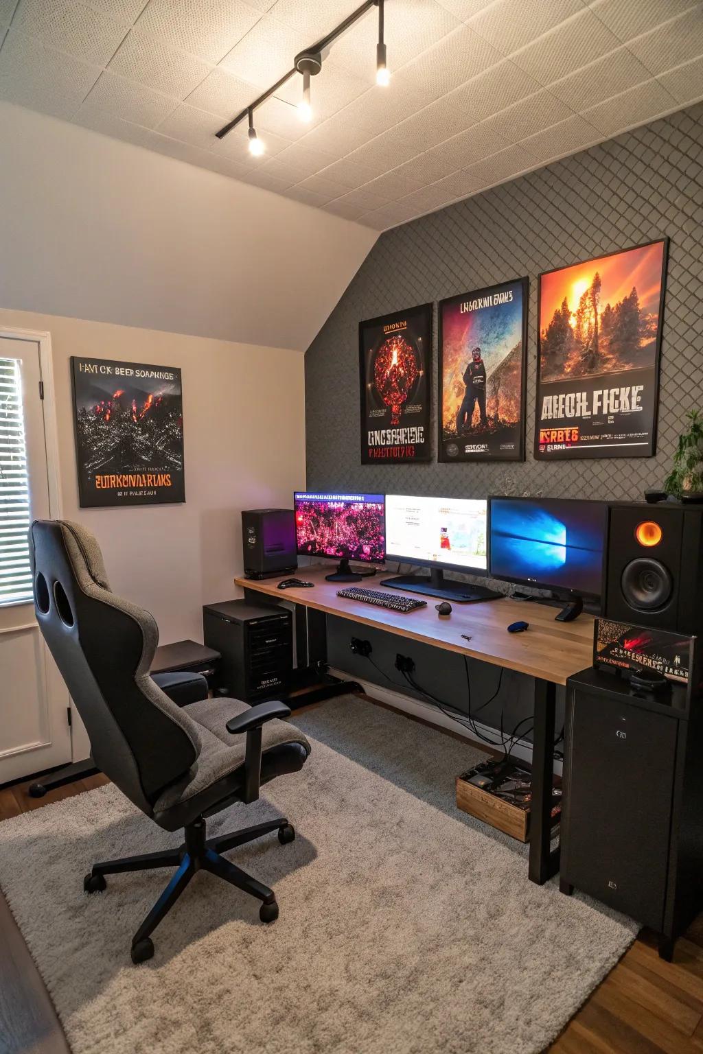 A gaming bedroom equipped with acoustic panels for enhanced sound quality.