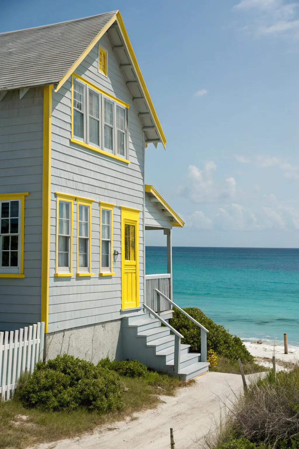 Soft grey and lemon accents bring a sunny disposition to a coastal home.