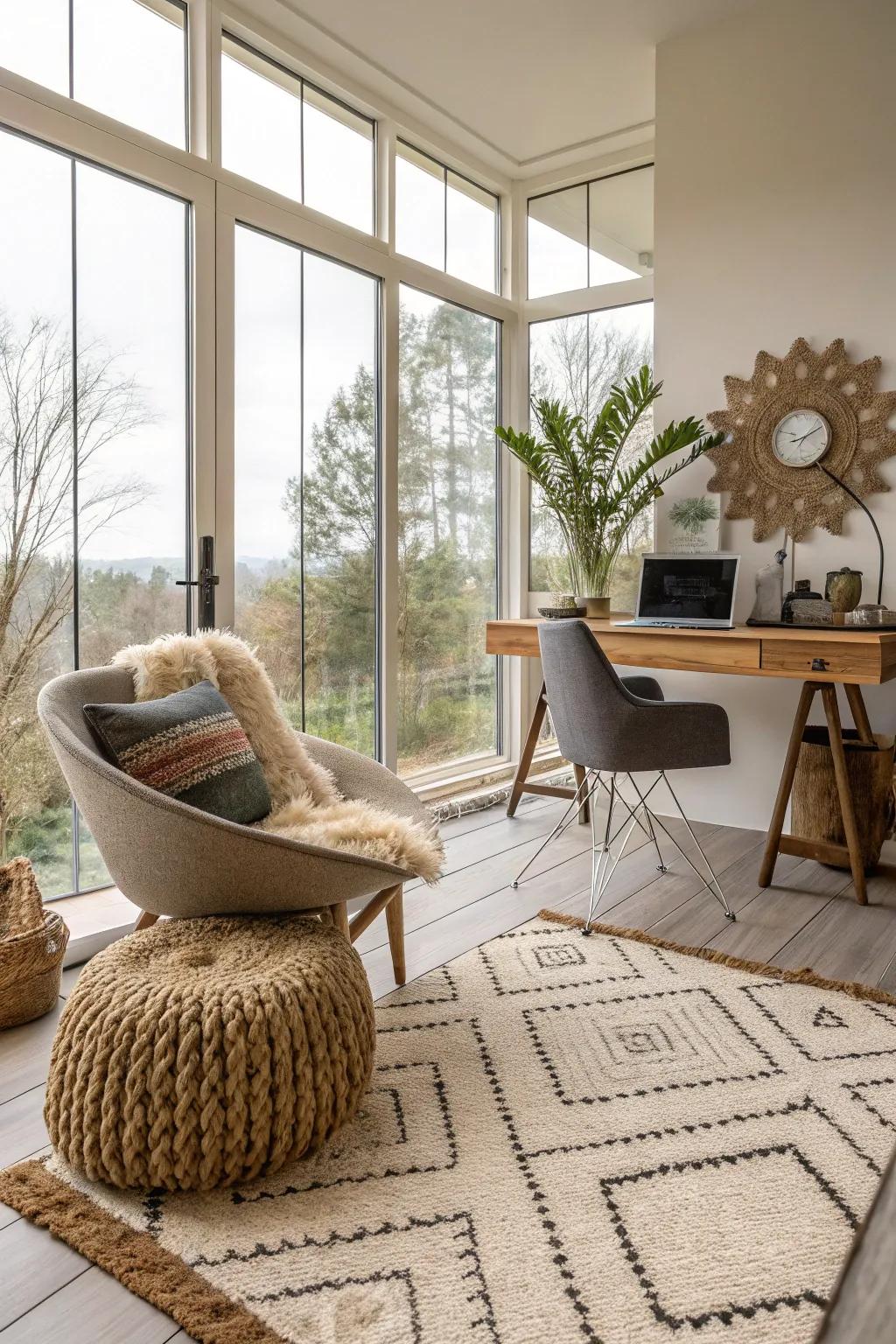 Textural elements adding depth to a home office.