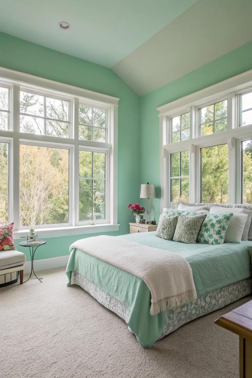 A ventilated and expansive springtime green boudoir.