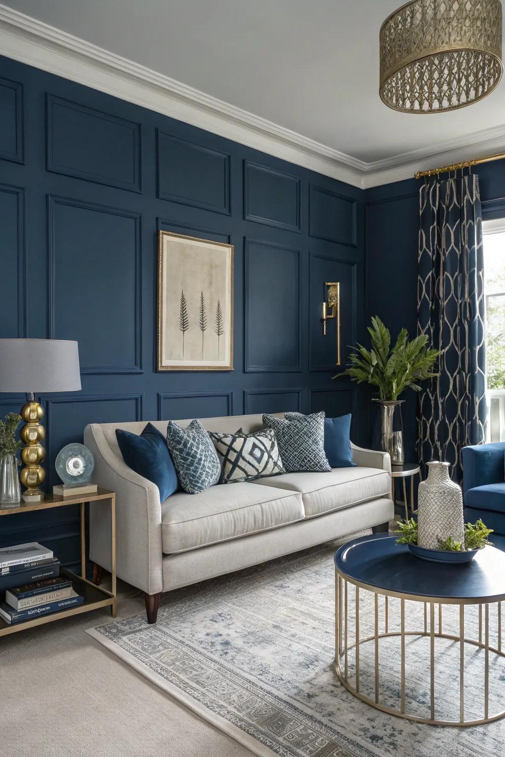 A navy accent wall makes a bold statement.