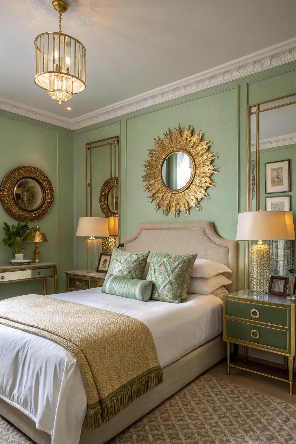 Sage green and gold create a sophisticated and warm atmosphere.