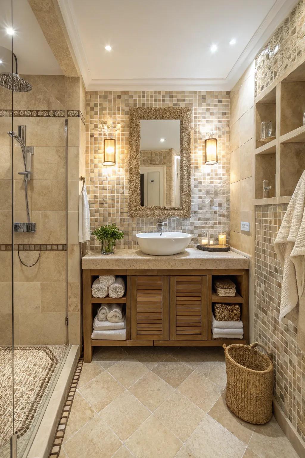 A peaceful bathroom with neutral mosaic tiles showing soft elegance.