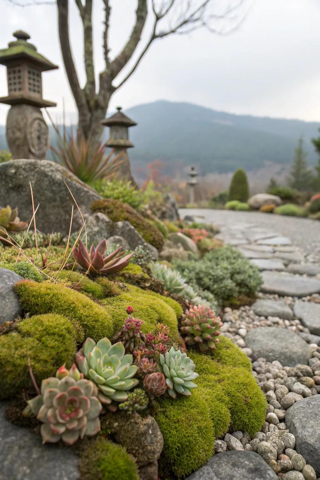A vibrant rock garden showcasing abundant lichen rocks.