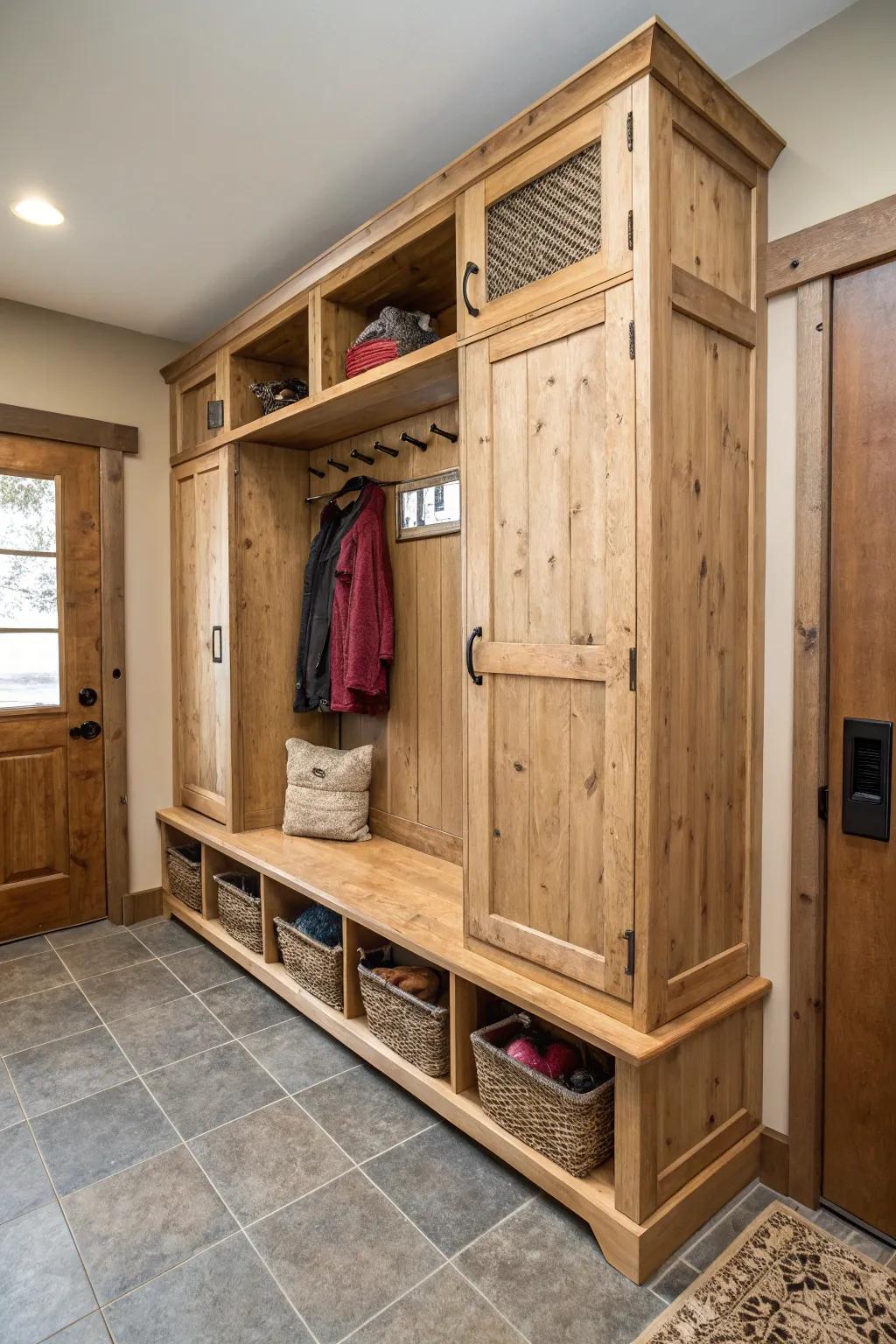 A sleek mudroom bench with sliding doors for hidden storage.