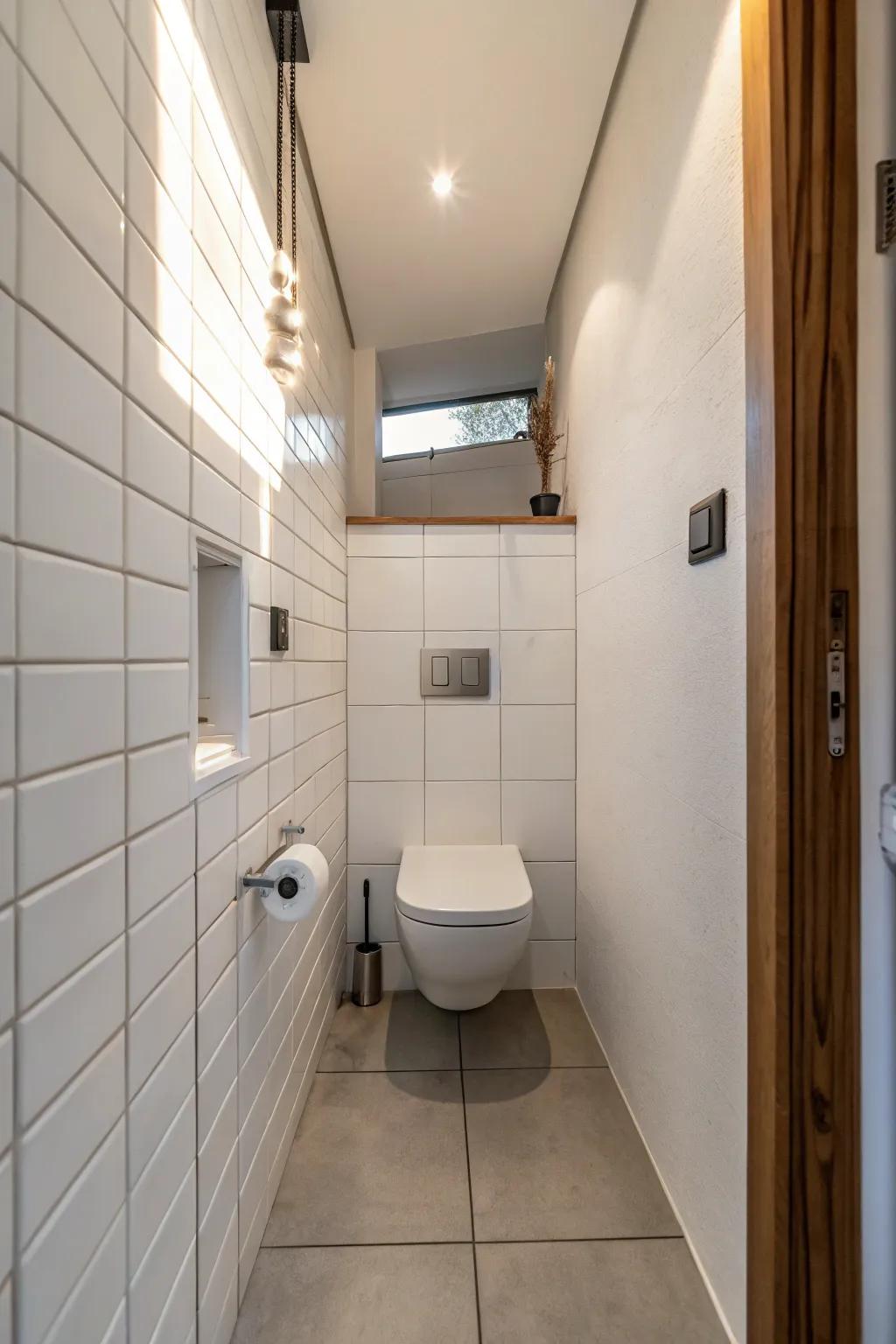 Wall-mounted toilets contribute to a clean and spacious bathroom design.