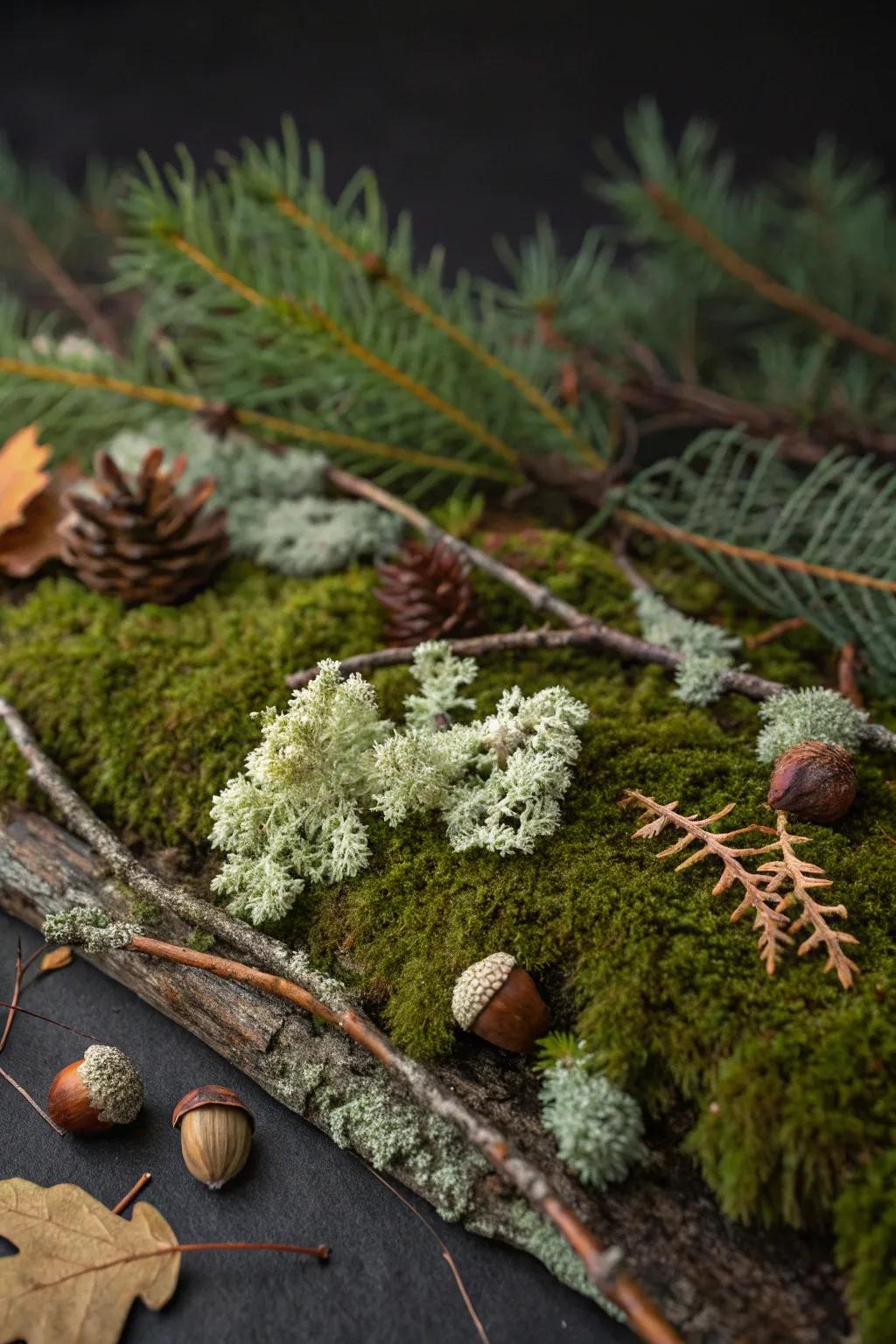 A woodland-inspired collage featuring moss and branches.