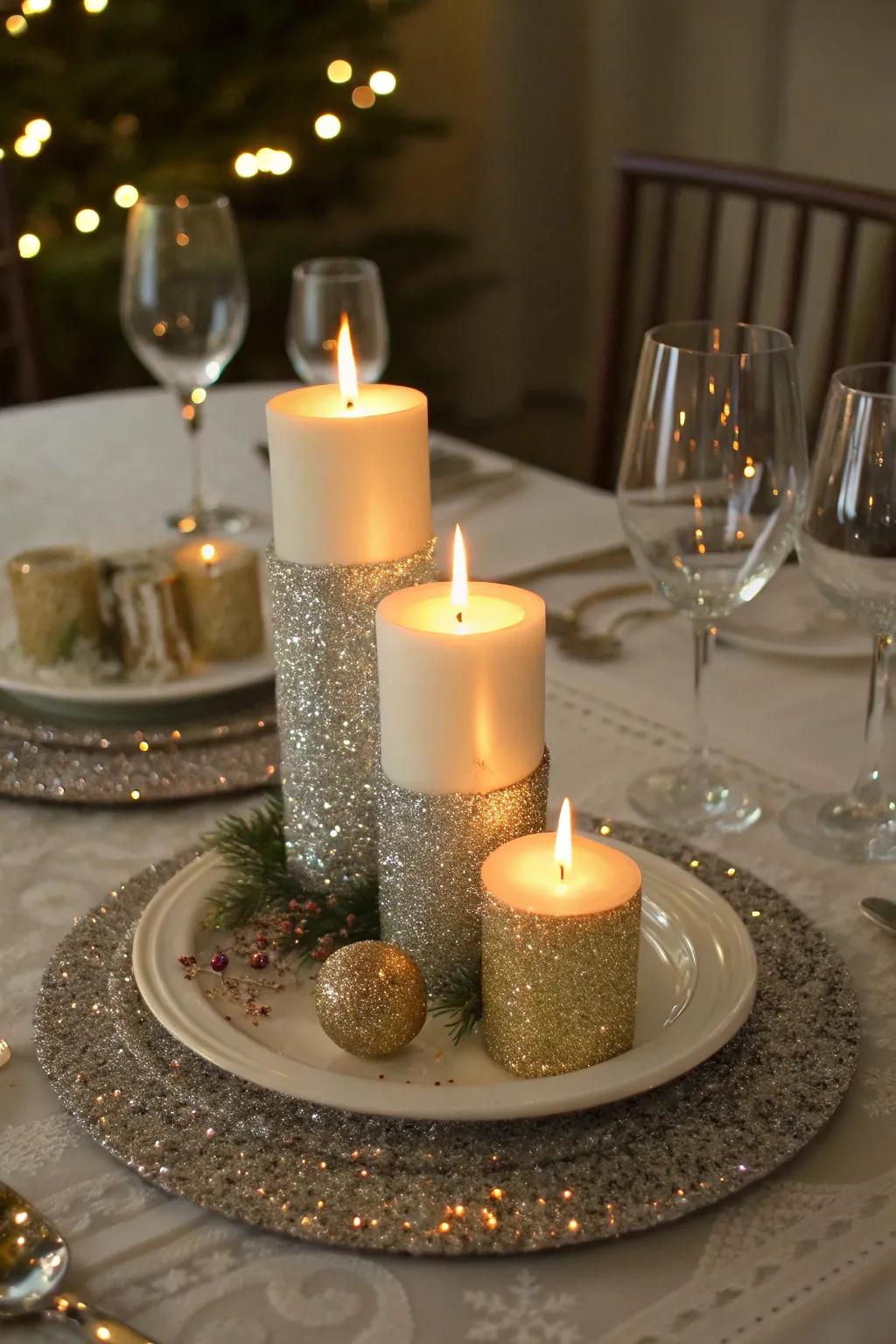 Sparkling centerpieces create a warm and elegant dining atmosphere.