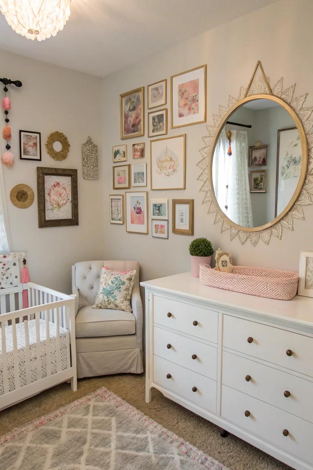 A gallery wall with mirrors adds personality and depth to this nursery.