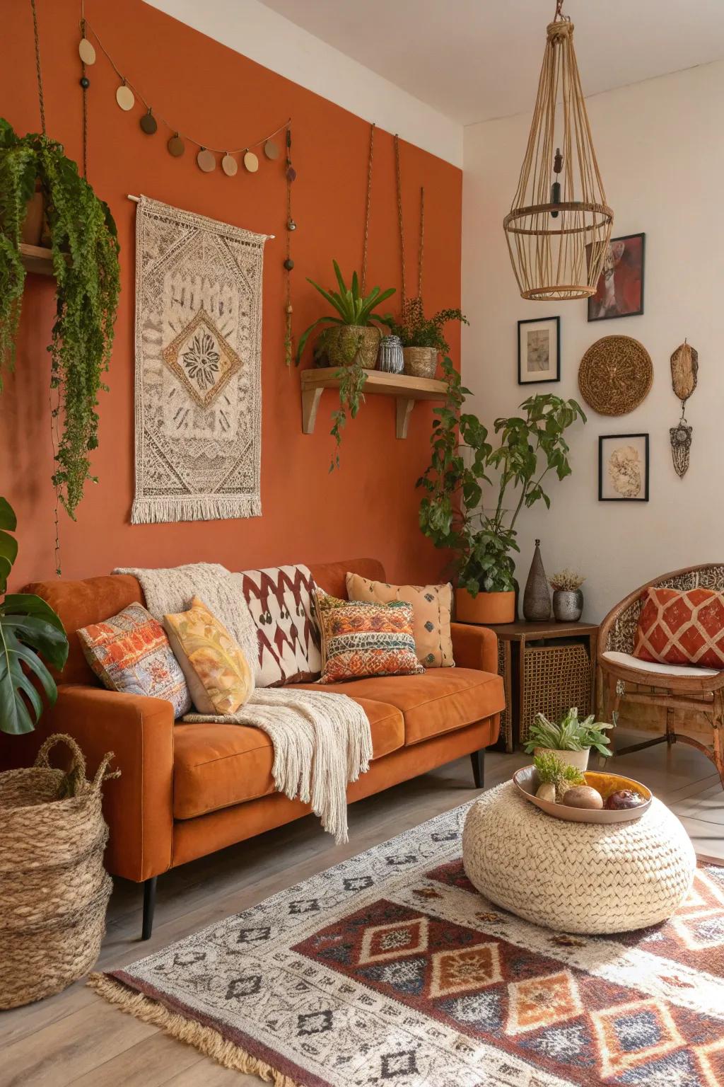 Orange and bohemian elements create an inviting and character-filled living room.