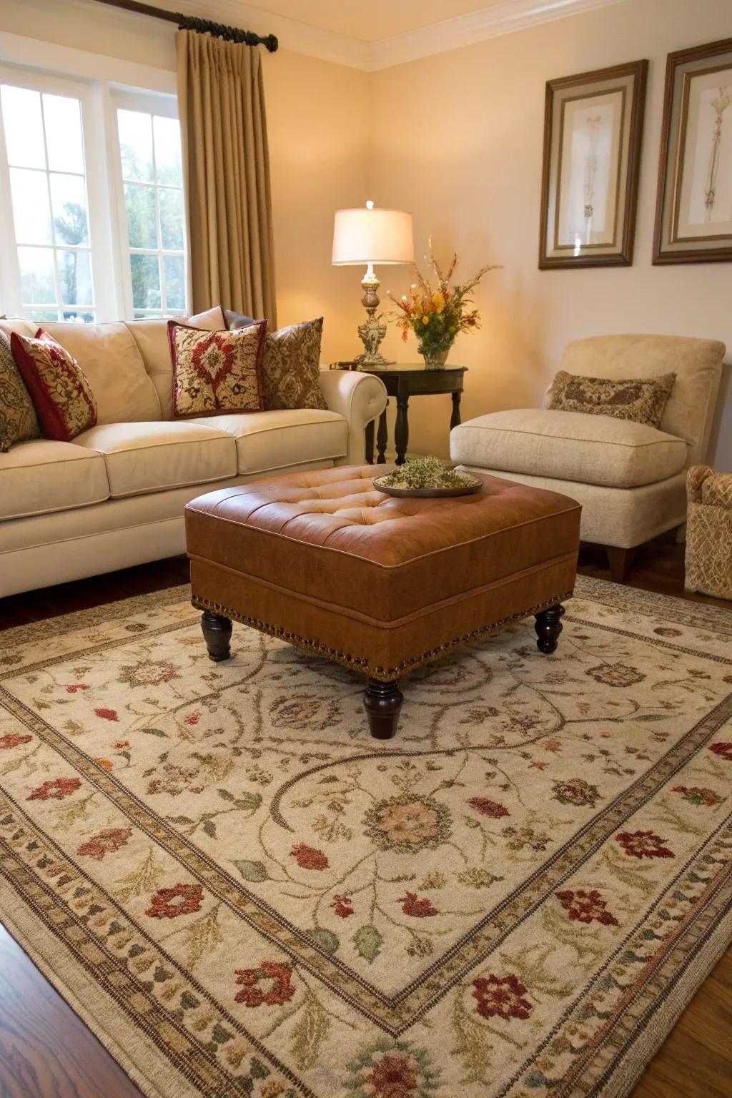 Cohesive design with matched ottoman and rug