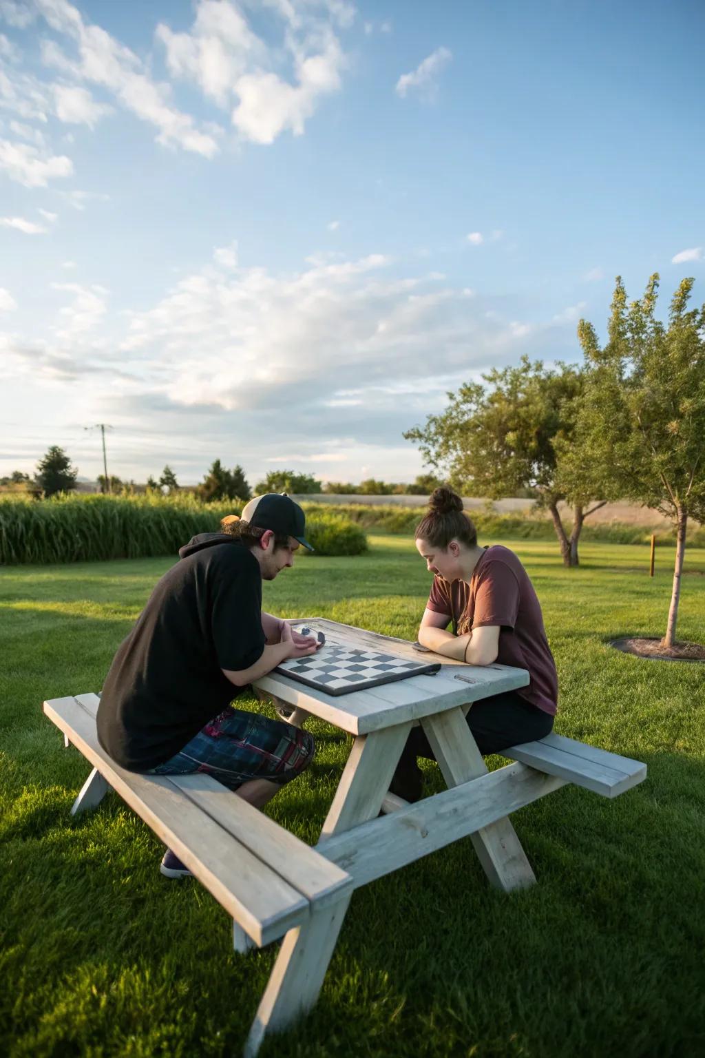 A chess board table adds a playful element to outdoor dining.