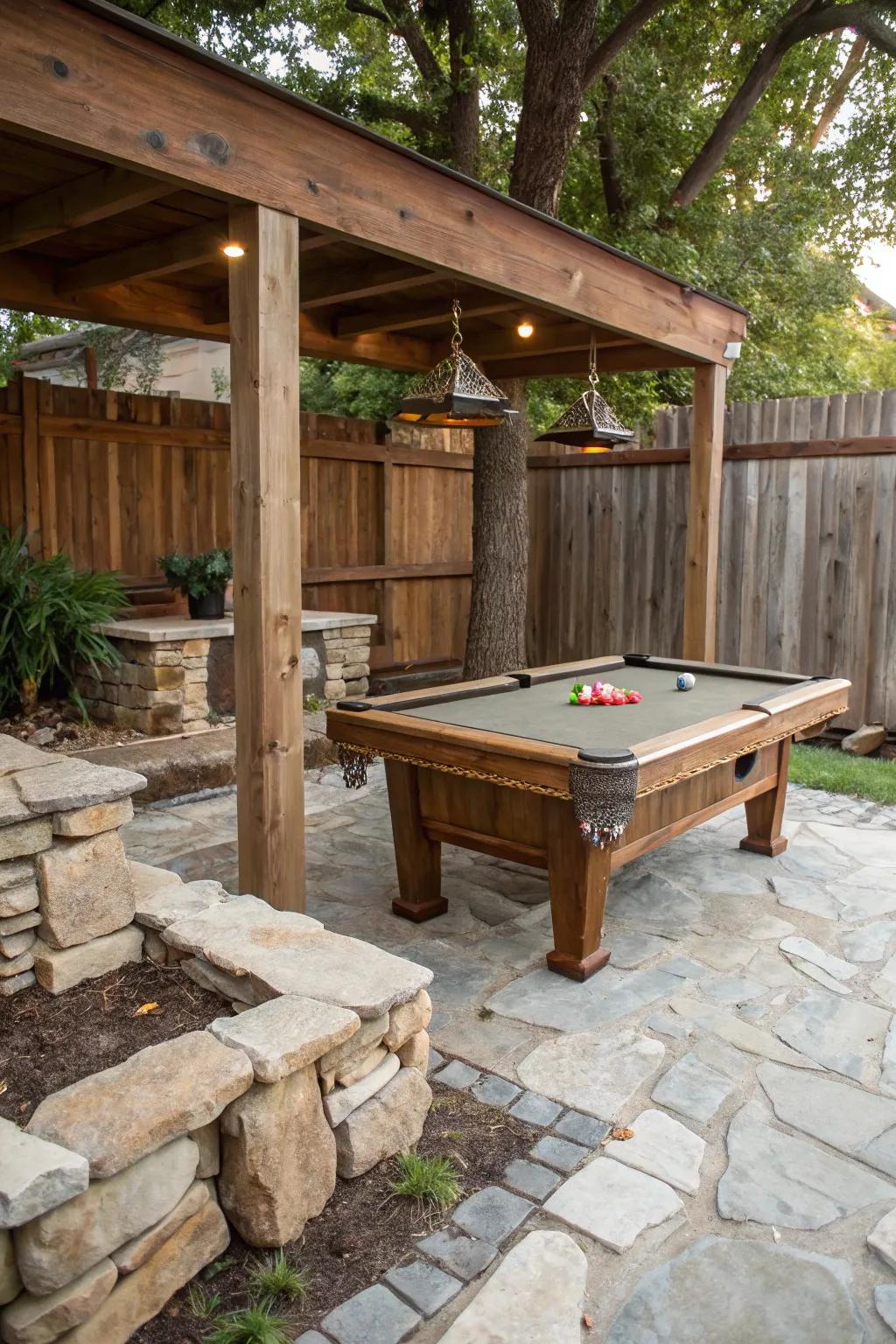 A rustic outdoor pool table setup with wood and stone.