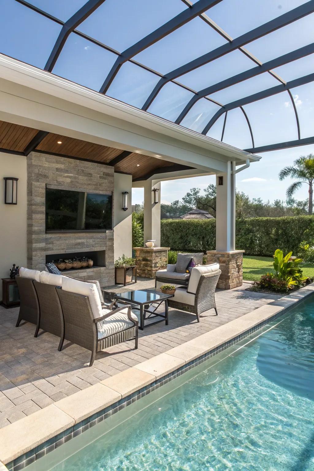 Enjoy poolside entertainment with a dedicated TV enclosure.