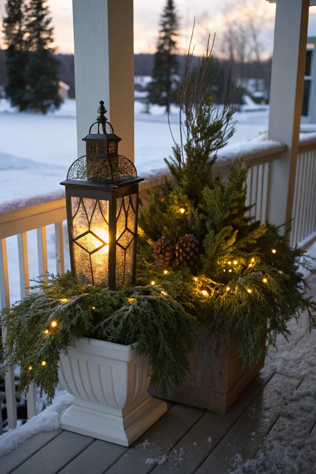 Lanterns add warmth and ambiance to winter arrangements.