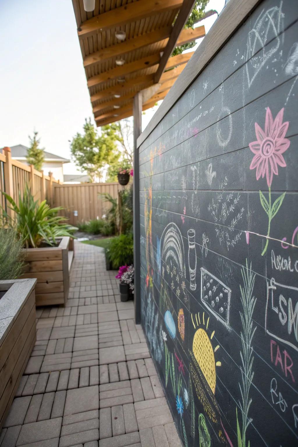 Chalkboard walls invite creativity and interaction on the patio.