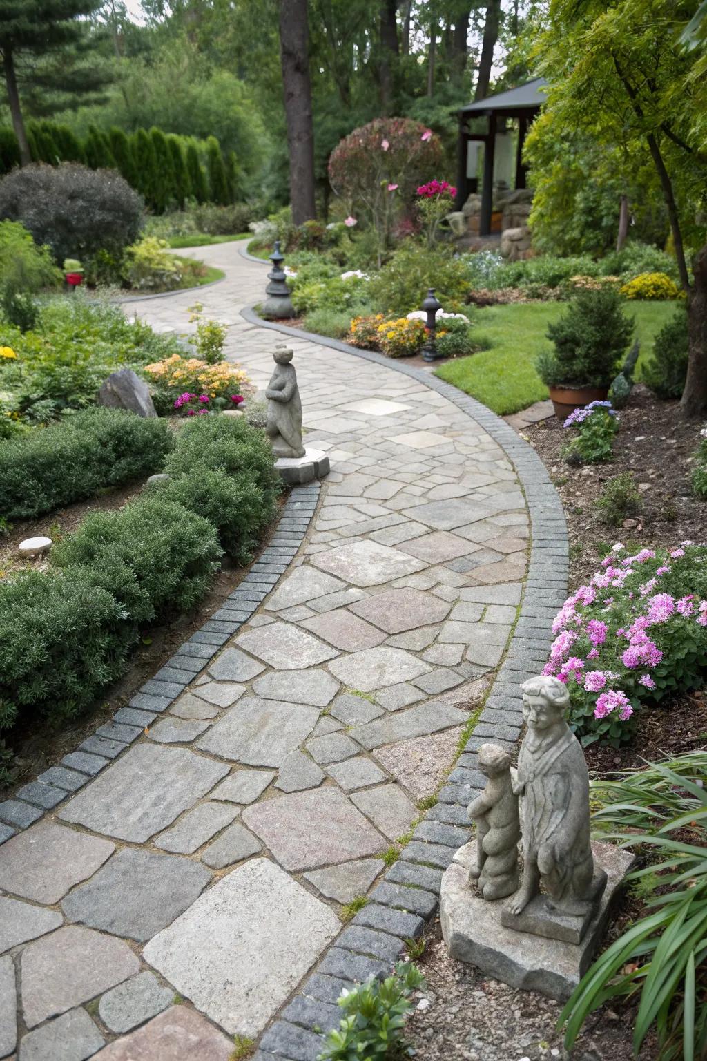 A durable granite walkway sparkling in a lively garden.