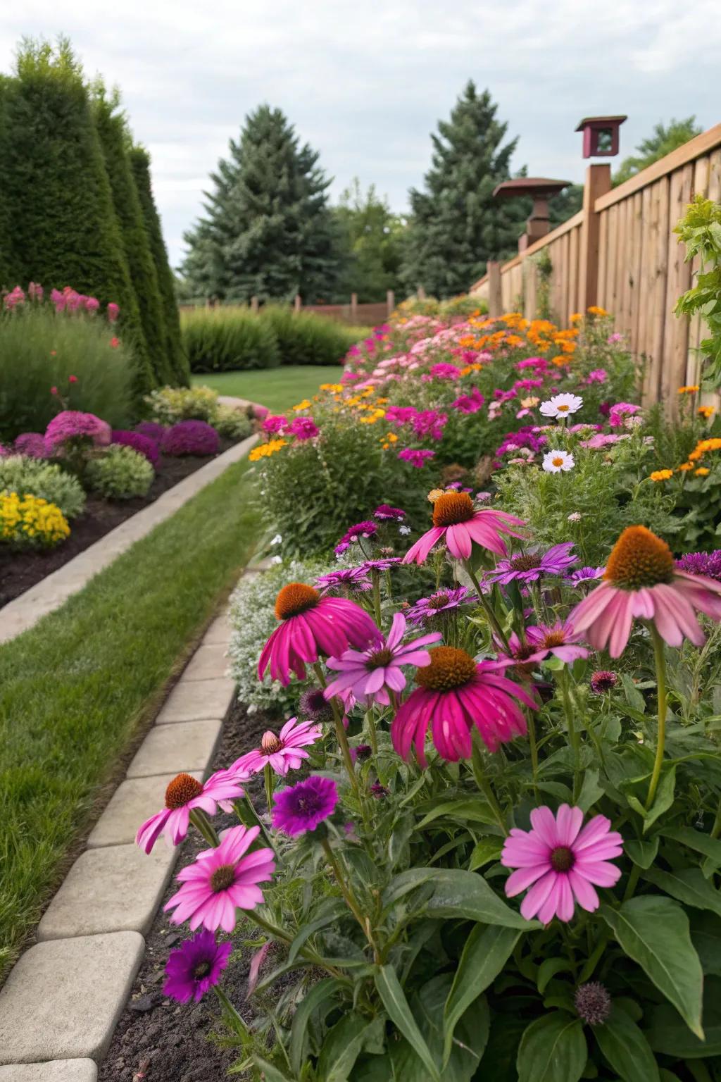 Coneflowers and petunias bring wildflower charm and color to any garden.