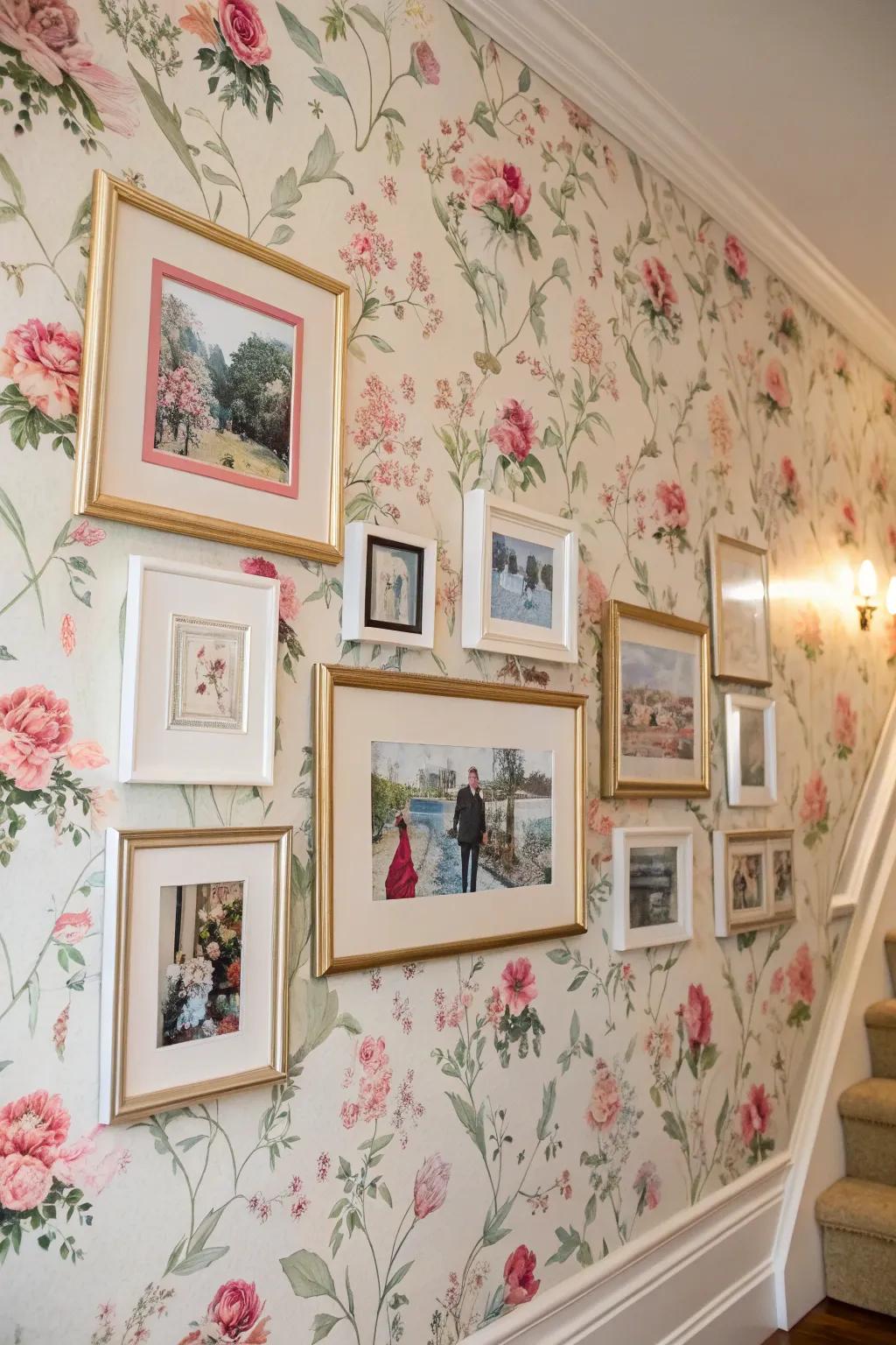 Patterned wallpaper adds a surprising backdrop to frames.