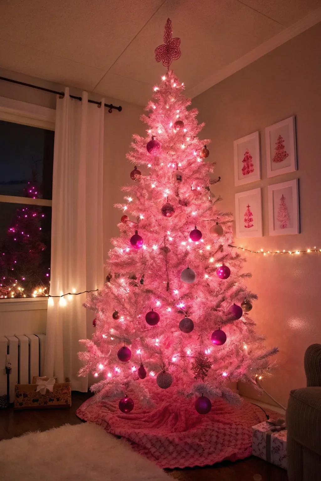 Pink lights add a magical glow to this festive tree.