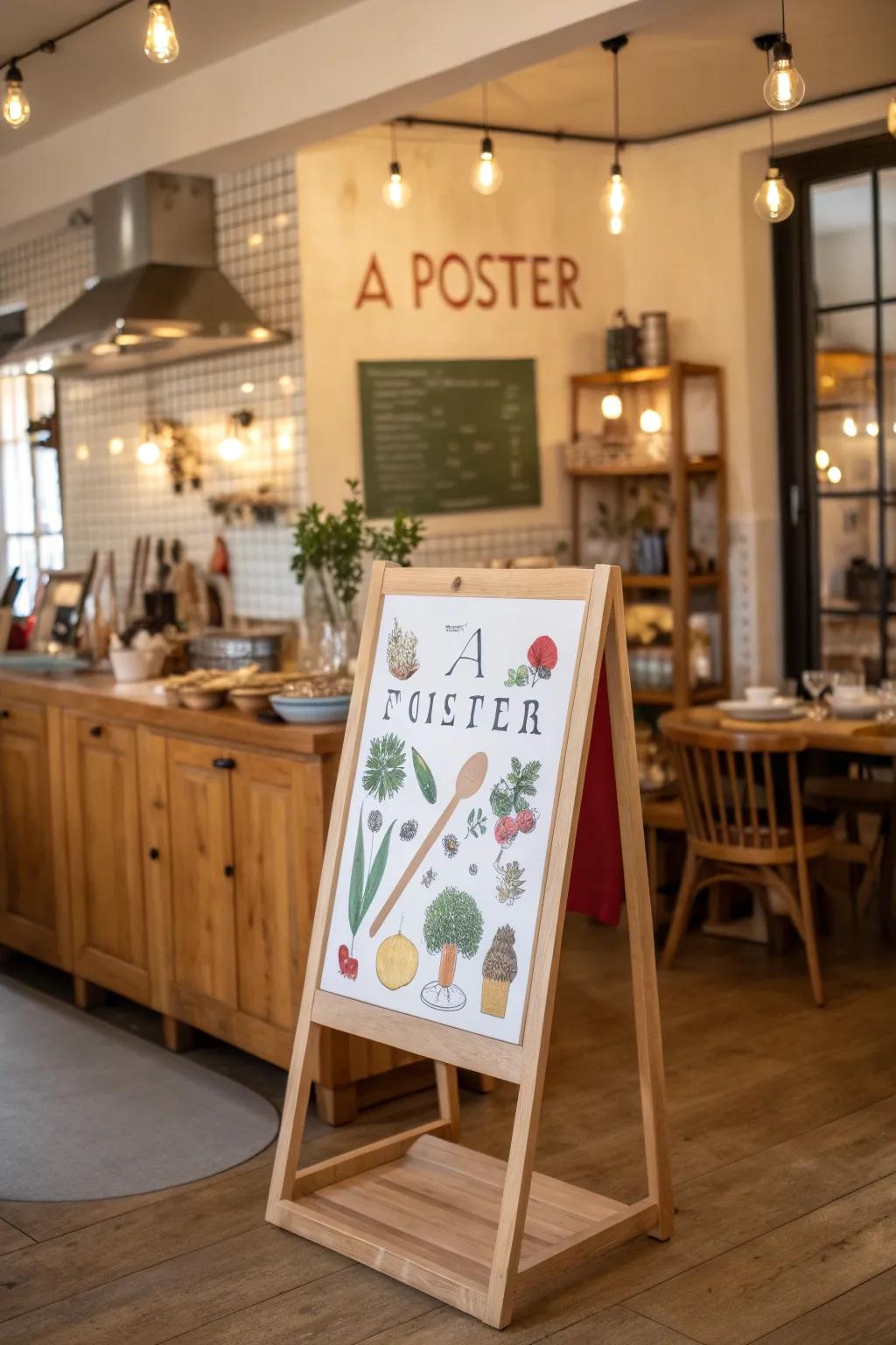 A humorous print with witty text bringing joy in a cozy kitchen.