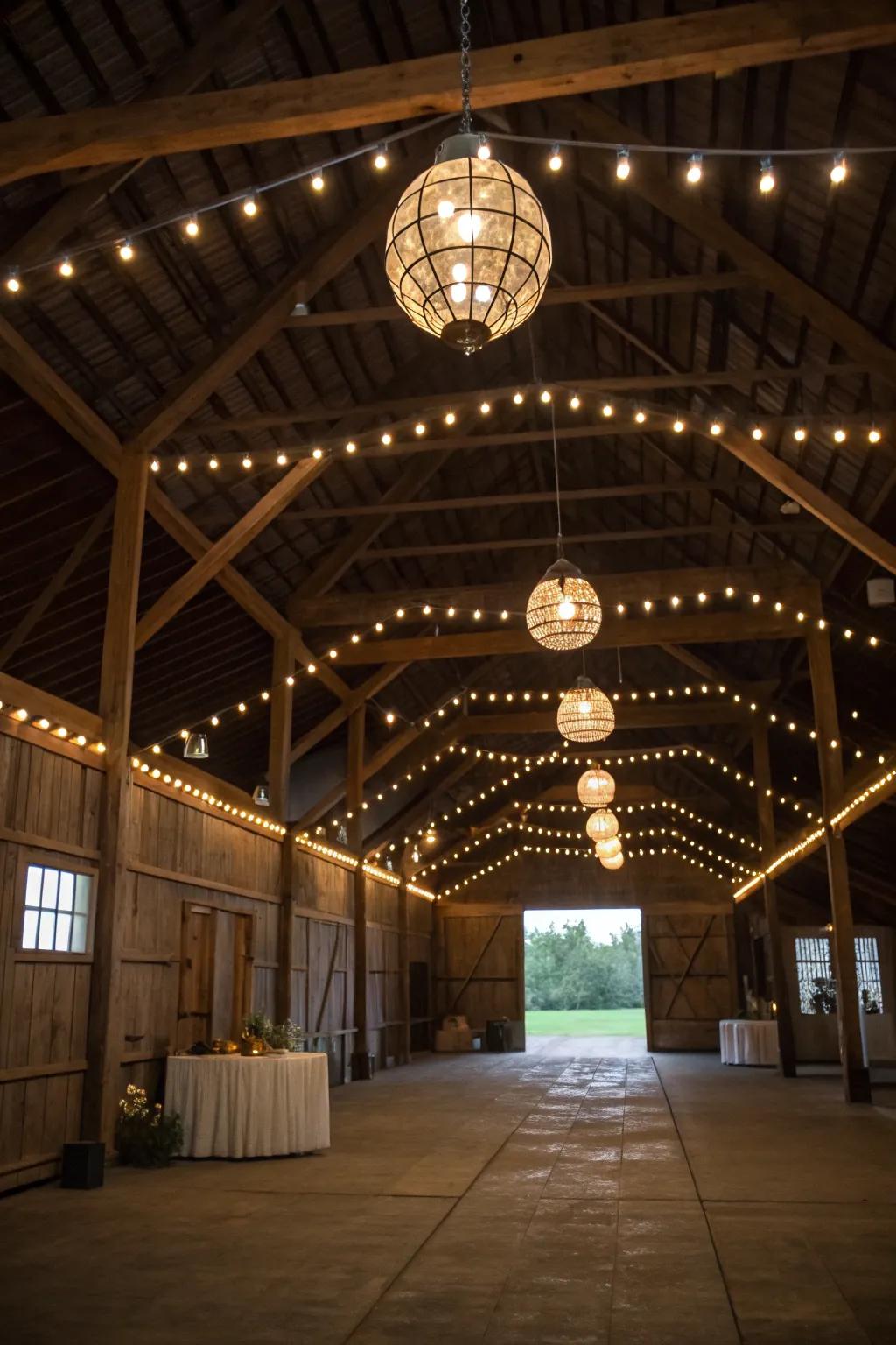 Eye-catching lights in a pole barn featuring pendant fixtures and soft lights.
